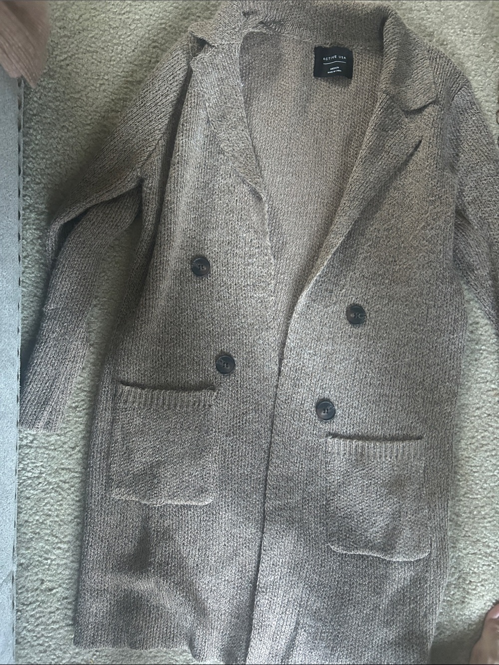 Active Usa Taupe Double-Breasted Knit Blazer Cardigan